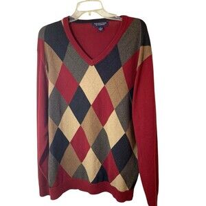 Mens Roundtree & Yorke Maroon Argyle V-neck Cotton Sweater Sz Large Pullover